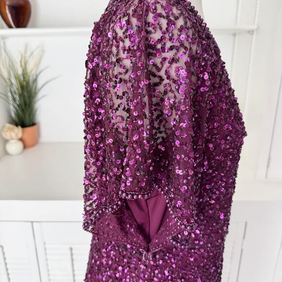 Adrianna Papell Cabernet Purple Sequin Beaded Flutter Sleeve Cocktail Dress 12 - Picture 6 of 9